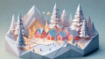The primary subject of the image is a snowy village scene, featuring a group of houses and trees. The setting is a winter landscape with snow-covered ground and trees. The visual style is a combination of digital art and illustration, creating a realistic and detailed representation of the village. The colors and mood are predominantly cold and wintry, with the snow and trees adding to the overall atmosphere.